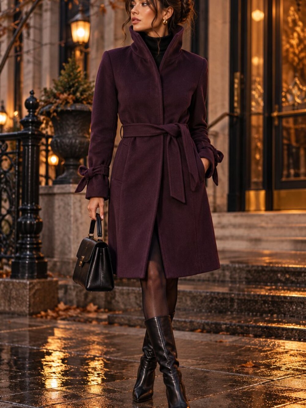 Tahari Funnel Neck Walker Coat Size 6 Deep Eggplant Purple Belted Wool Blend Loo